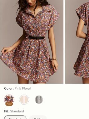 Anthropologie Faye Short Sleeved Belted Shirt Dress / Pink Floral
